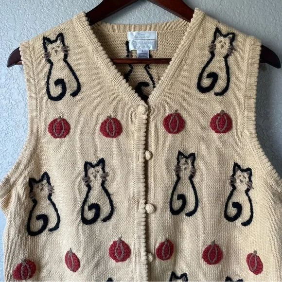 Vintage Christopher & Banks Womens Large Hand Embroidered Vest Cat Lady Pumpkin - Picture 2 of 8